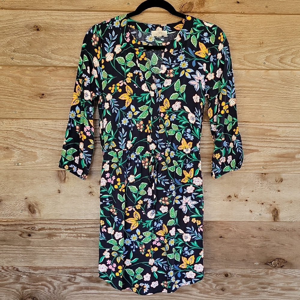 LOFT Vibrant Navy Blue And Floral Elbow Sleeve Dress